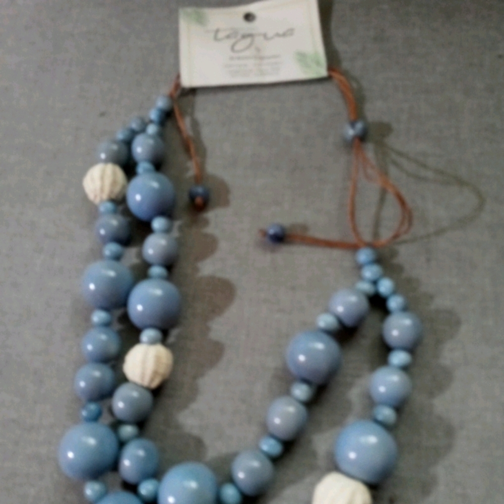 Baby blue layered necklace with Brown leather